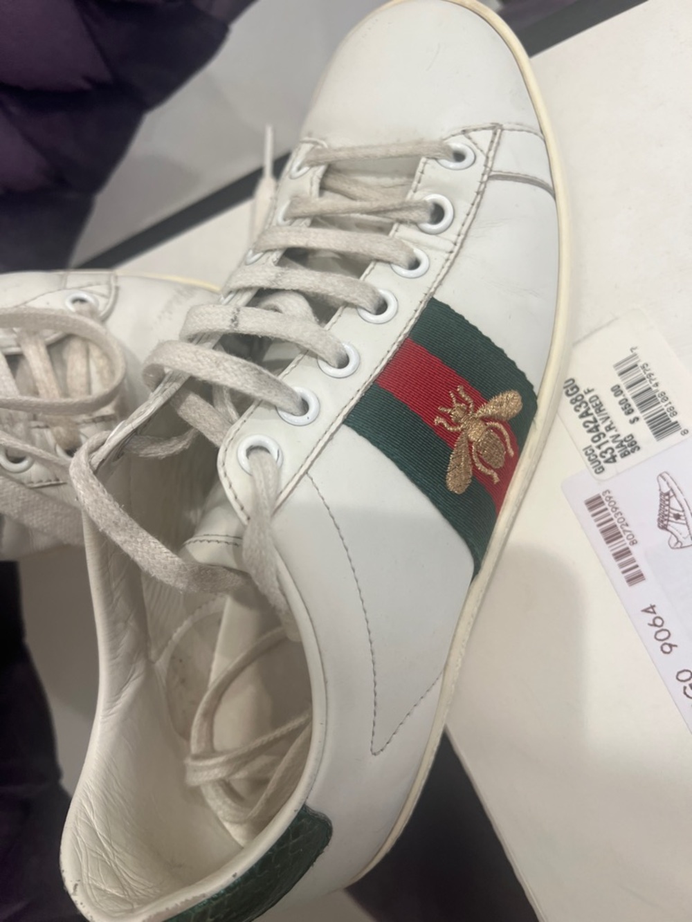 Gucci White Leather Sneakers with Red & Green Web and Gold Bee - Picture 2 of 4
